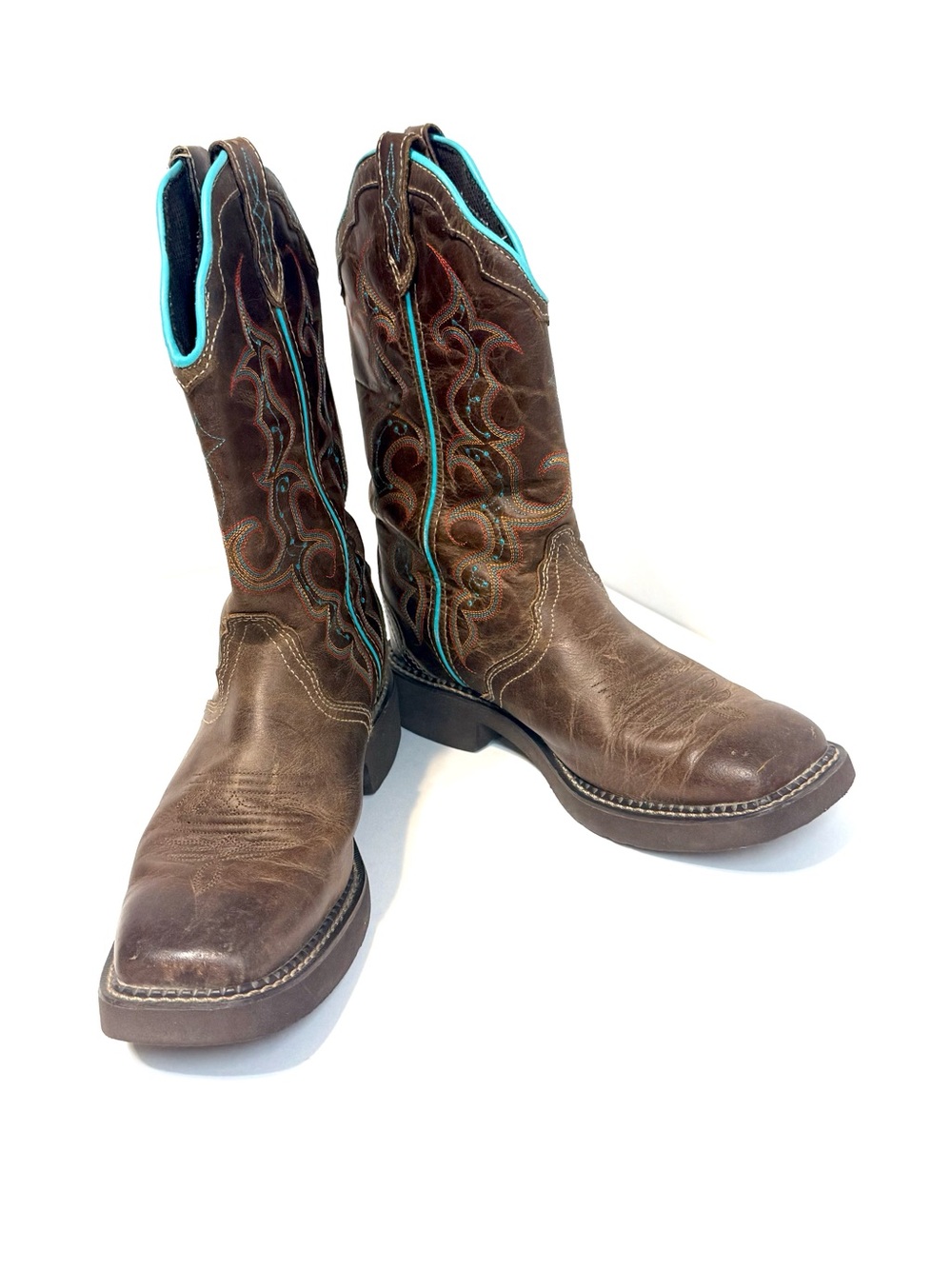 Justin Boots Brown Leather Western Boots with Turquoise Stitching